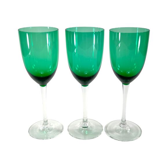 Wine Glasses Set of 3 Teal Green Clear Stem 8" Tall 8 oz Capacity Unmarked - Picture 1 of 5